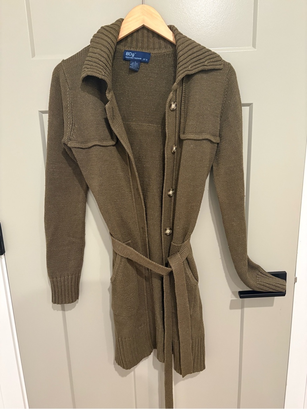 Urban Oufitters BDG Olive Long Knit Belted Cardigan Sweater
